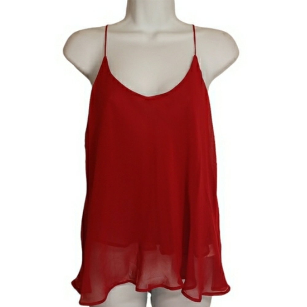 METALLIC_49 Dark Red Semi Sheer Multi Layer Racerback Sleeveless Top Large